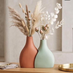 Può includere: Due vasi in ceramica opaca, uno color arancio terracotta e uno verde salvia, dalle forme organiche asimmetriche. Il vaso color terracotta contiene erba della pampa e steli secchi, il vaso verde salvia contiene eucalipto essiccato e boccioli.
