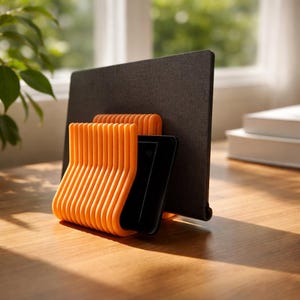 Könnte beinhalten: Ein leuchtend orangefarbener Schreibtisch-Organizer mit einer Reihe paralleler, gebogener vertikaler Stäbe, die Gegenstände aufrecht halten. Ein dünnes schwarzes Tablet steckt im vorderen Bereich, während dahinter eine dunkelgraue Platte steht.