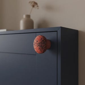 Korallfärgad skåpknopp, texturerat lådhandtag, skulpturalt möbelhandtag, organisk modern byråbeslag, iögonfallande heminredning