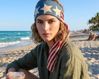 American Flag Bandana Headband, Stars Stripes Cotton Hair Wrap, Boho Festival Scarf
