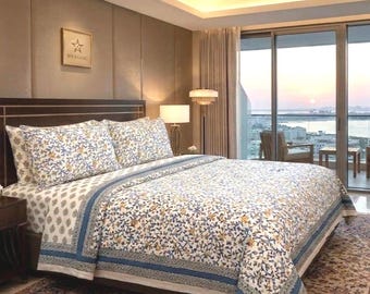 Indian Hand Block Print Duvet Cover Set with Pillow Shams, 100% Cotton Floral Bedding, Indigo Blue & Mustard Yellow Quilt Cover, Jaipuri Bed