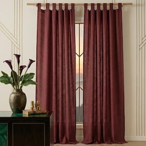 May include: Deep burgundy linen curtains suspended from a wooden pole. The curtains frame a window with a view of a mountain landscape. A decorative vase with flowers sits on a dark green and black cabinet. The wall has a gold geometric design.