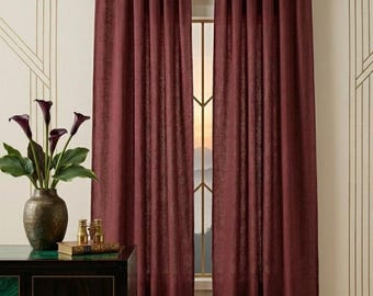 Deep Burgundy Linen Curtains – Rustic Boho Tab Top Drapes for Living Room/Bedroom