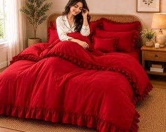 Red Ruffled Duvet Cover Set | Cottagecore Bedding | Romantic Queen Bedding | Boho Linen Style Comforter Cover with Pillow Shams