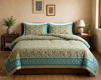 Hand Block Print Cotton Bedspread – Floral Indian Boho Quilt, Jaipuri Bed Cover