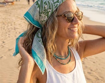 Green Paisley Cotton Bandana Head Scarf, Boho Beach Festival Hair Wrap