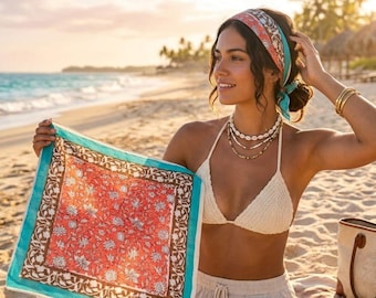 Boho Floral Cotton Bandana, Block Printed Beach Head Wrap, Summer Neck Scarf