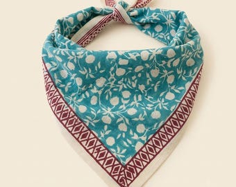 Teal Blue Floral Block Printed Cotton Bandana Scarf - Large Boho Kerchief, Head Wrap, Hair Tie, Neck Scarf  Maroon Geometric Border,