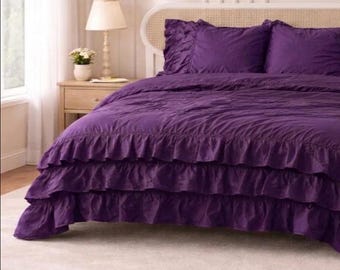 Organic Linen Duvet Cover Set, Ruffled Pillowcases, Dark Purple Bedding