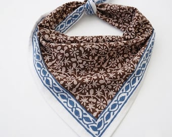 Blue and Green Floral Bandana, Hand Block Print Cotton Neck Scarf, Boho Head Wrap, Organic Summer Hair Bandana, Unique Gift for Her,