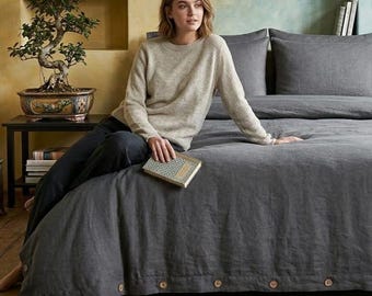 Charcoal Gray Linen Bedding Set | Washed Linen Duvet Cover with Pillow Covers | Minimalist Cozy Bedroom Decor