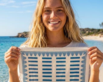 Blue and Cream Geometric Tapestry , Botanical Leaf Border Wall Hanging , Boho Chic Natural Linen Home Decor , Minimalist Striped Fabric Art