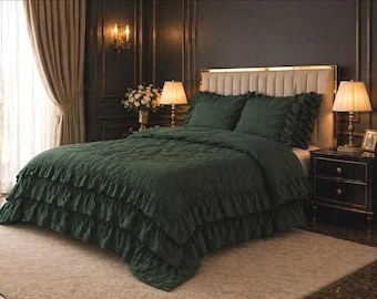 Dark Green Ruffled Duvet Cover, Elegant Bedding Set