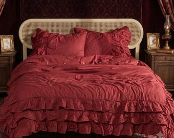 Deep Red Ruffled Linen Duvet Cover Set, Boho Chic Organic Bedding, Farmhouse Romantic Decor