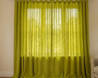 Chartreuse Linen Curtain Panels, Sheer Organic Window Drapes, Custom Size Tab Top