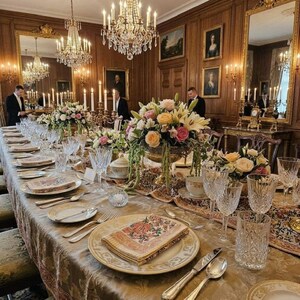 May include: A formal dining table set with fine china plates, crystal glassware, and silver cutlery. Floral centerpieces with roses and lilies are arranged in gold bowls. The table is covered with a patterned tablecloth in a wood-paneled room.