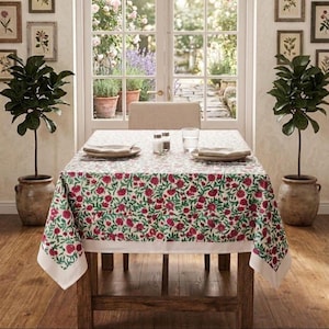 Floral Print Cotton Tablecloth, Pink and Green Botanical Dining Table Cover, Rectangular Table Linen