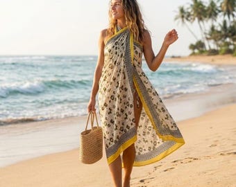 Hand Block Print Boho Floral Sarong, Organic Cotton Beach Cover-Up, Summer Wrap