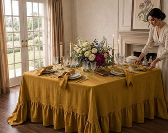 Mustard Linen Tablecloth with Ruffle Hem, Organic Farmhouse Dining Decor