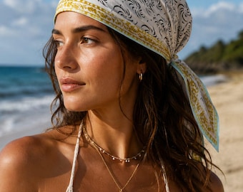 Block Printed Cotton Bandana: Boho Floral Headscarf, Beach Hair Wrap