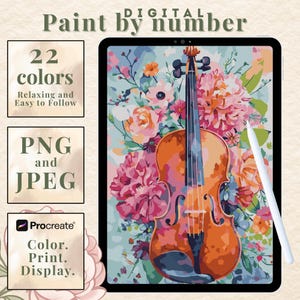 May include: Digital paint-by-number design featuring a violin with a floral background. The image includes text indicating 22 colors, PNG and JPEG formats, and compatibility with Procreate for color, print, and display. The violin is a warm brown color.