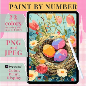 Easter eggs with flowers nest paint by number design, Procreate digital painting kit