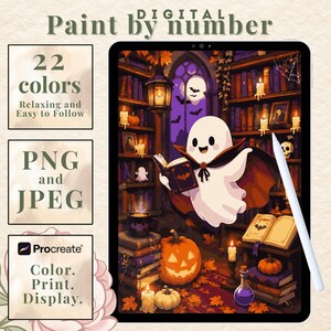 May include: A digital paint by number file displayed on a tablet screen featuring a white ghost wearing a cape and reading a book in a library with pumpkins, candles, and bookshelves. The text includes 22 colors, PNG and JPEG, and Procreate.