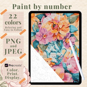 May include: A digital paint-by-numbers image on a tablet, showcasing a floral design in pink, orange, and teal. Text indicates 22 colours, PNG and JPEG formats, and the Procreate app for colour, print, and display.