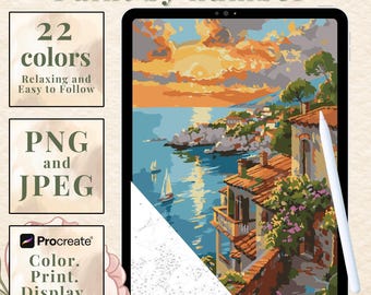 Mediterranean Sunset Coast Paint by Number | Italian Village Landscape (Digital Download)