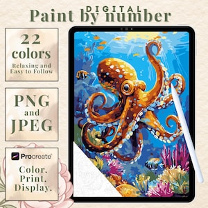 May include: Digital paint-by-number image on a tablet featuring an orange octopus in a blue underwater scene. The image includes text boxes with information about the product, including the number of colors, file types, and the Procreate app.
