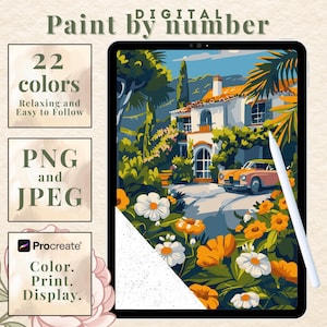 Digital Paint by Numbers Vintage car, Luxury house DIY Art, Digital Download Coloring Canvas, Relaxing Wall Art Gift, Procreate