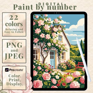 May include: Digital paint-by-number artwork showing a house with a blue door, surrounded by pink roses and greenery. The image includes text boxes with the words "22 colours", "PNG and JPEG", and "Procreate". A stylus is also visible.