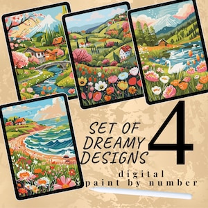 Conjunto de 4 Pinturas Digitais por Números | Paisagem Onírica para Adultos | Páginas para Colorir Imprimíveis para iPad | Download de Arte Relaxante para Fazer Você Mesmo
