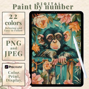 May include: Digital paint-by-number artwork featuring a chimpanzee surrounded by flowers in shades of teal, peach, and pink. The image includes text indicating 22 colors, PNG and JPEG formats, and compatibility with Procreate for coloring, printing, and display.