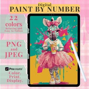 May include: Digital paint by number image featuring a zebra wearing glasses, a pink bow, and a tutu, holding a drink. The image includes the text "22 colors", "PNG and JPEG", and "Procreate Color. Print. Display."