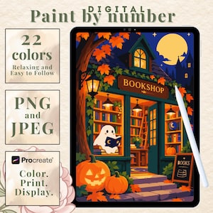 May include: A digital paint by number file for Procreate featuring a bookshop illustration with a ghost reading, pumpkins, and autumn leaves. The text includes Digital Paint by number, 22 colors, PNG and JPEG, and Color. Print. Display.