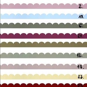 Könnte beinhalten: Eine vertikale Übersicht mit zwölf horizontalen Reihen von wellenförmigen Borten in verschiedenen Farben, darunter Terrakotta, Marineblau, Mauve, Hellblau, Salbei, Pflaume, Olivgrün, Grau, Altrosa, Hellgelb, Dunkelrot, Rosa und Koralle, jeweils nummeriert.