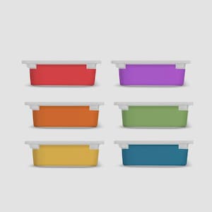 Puede incluir: Seis recipientes rectangulares de almacenamiento de alimentos de colores con tapas blancas. Los recipientes son rojos, morados, naranjas, verdes, amarillos y azules. Están dispuestos en dos filas de tres.