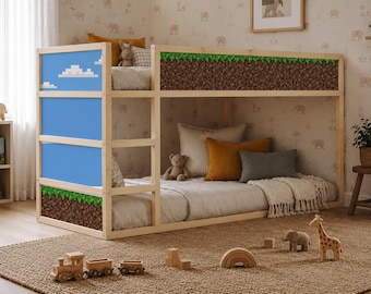 Ensemble d'autocollants en vinyle pour lit IKEA KURA Pixel World, décoration de chambre d'enfants, panneaux autocollants, relooking de lit en terrain pixelisé, décoration de salle de jeux ikea