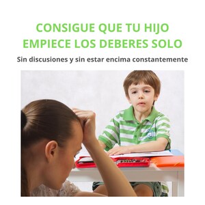 Puede incluir: Imagen con texto en español: "CONSIGUE QUE TU HIJO EMPIECE LOS DEBERES SOLO" y "Sin discusiones y sin estar encima constantemente." Una mujer con la cabeza en la mano está sentada en una mesa con un niño con una camisa a rayas verdes y blancas.