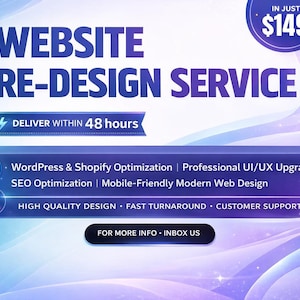 Peut inclure: Publicité numérique pour les services de refonte de sites web. Le texte indique "Service de refonte de site web" en bleu. D'autres textes mettent en évidence des fonctionnalités telles que l'optimisation WordPress & Shopify, le référencement et la conception mobile. Livraison en 48 heures.