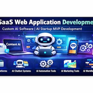 Puede incluir: Ilustración digital que promociona el desarrollo de aplicaciones web SaaS de IA. La imagen presenta un robot futurista sosteniendo una tableta, rodeado de iconos que representan plataformas de contenido de IA, sistemas de chatbot, herramientas de automatización, herramientas de marketing y automatización del flujo de trabajo.