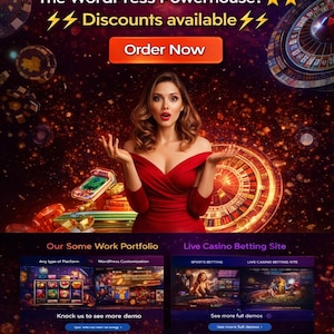Puede incluir: Un anuncio de un sitio web de apuestas con el texto "199 usd Gambling, Betting, Wheeler, Spin & The WordPress Powerhouse!". Se presenta a una mujer con un vestido rojo. La imagen incluye gráficos temáticos de casino y las palabras "Order Now".