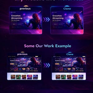 May include: A digital graphic showcasing website design services. The image displays website mockups labeled "previous" and "clone," with text indicating website duplication and redesign. The color scheme is dark with purple and blue hues.