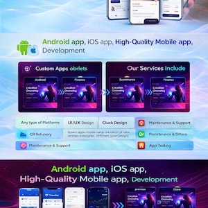 Peut inclure: Image promotionnelle présentant des services de développement d'applications mobiles. L'image présente plusieurs smartphones affichant des interfaces d'applications, ainsi que du texte mettant en évidence le développement d'applications Android et iOS, la conception UI/UX et les services de maintenance.