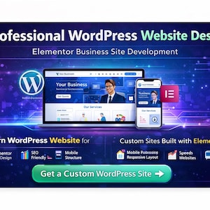 Puede incluir: Anuncio digital que promociona el diseño profesional de sitios web de WordPress. La imagen presenta una computadora portátil y un teléfono inteligente que muestran una interfaz de sitio web. El texto incluye "Professional WordPress Website Design" y "Get a Custom WordPress Site".
