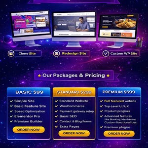 Puede incluir: Un gráfico de marketing digital con tres monitores de computadora que muestran diseños de sitios web. La imagen incluye paquetes de servicios con características y precios, y una lista de características principales del servicio. El fondo es azul oscuro con estrellas.