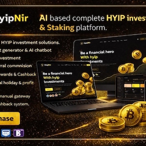 Puede incluir: Imagen promocional de HyipNir, una plataforma de inversión y staking HYIP basada en IA. La imagen presenta una computadora portátil, una tableta y un teléfono inteligente que muestran la interfaz de la plataforma, junto con pilas de monedas Bitcoin doradas. El texto incluye "Comprar" y las características de la plataforma.