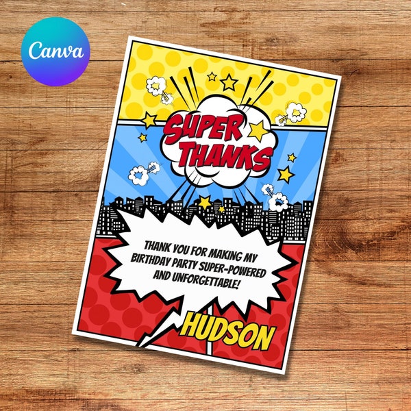 Editable Superhero Thank You Card Template Printable Superhero Thank You Card for a Superhero Birthday Party