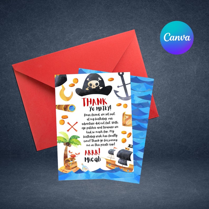 Editable Pirate Birthday Party Thank You Card Template, Printable ...